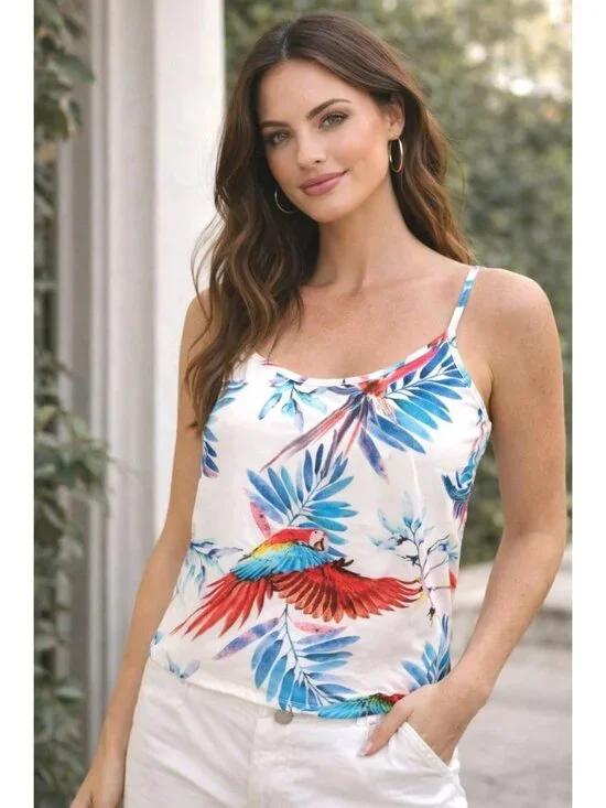 Forever 21 Size Small White Tropical Parrot Print Cami Tank Resortcore Glam Chic - Picture 1 of 10